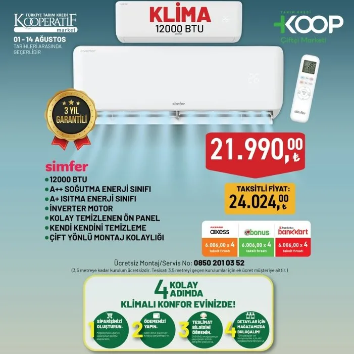 Simfer 12000 BTU inverter klima 3 yıl garantili olarak Tarım Kredi Market’te.