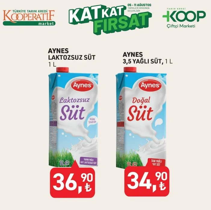 Aynes laktozsuz ve tam yağlı sütlerde Tarım Kredi Market fırsatı.