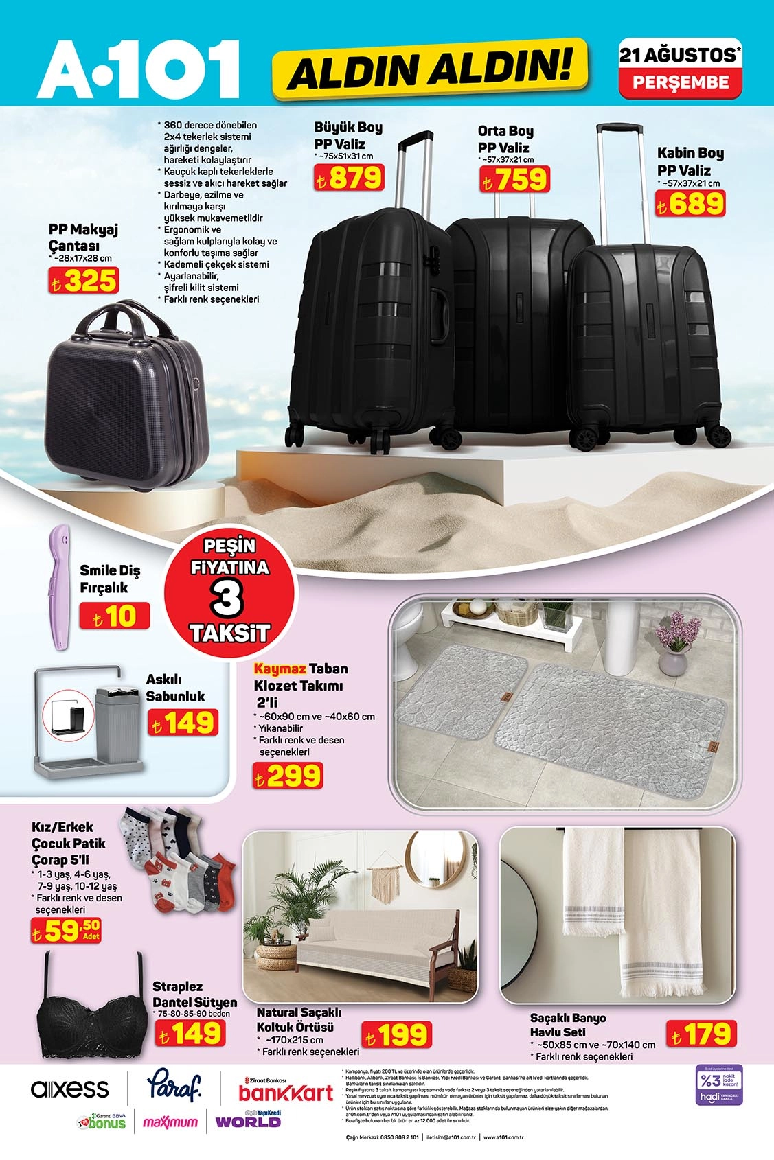 A101 aktüel katalogda valiz, tekstil ürünleri, koltuk örtüsü ve banyo havlu seti