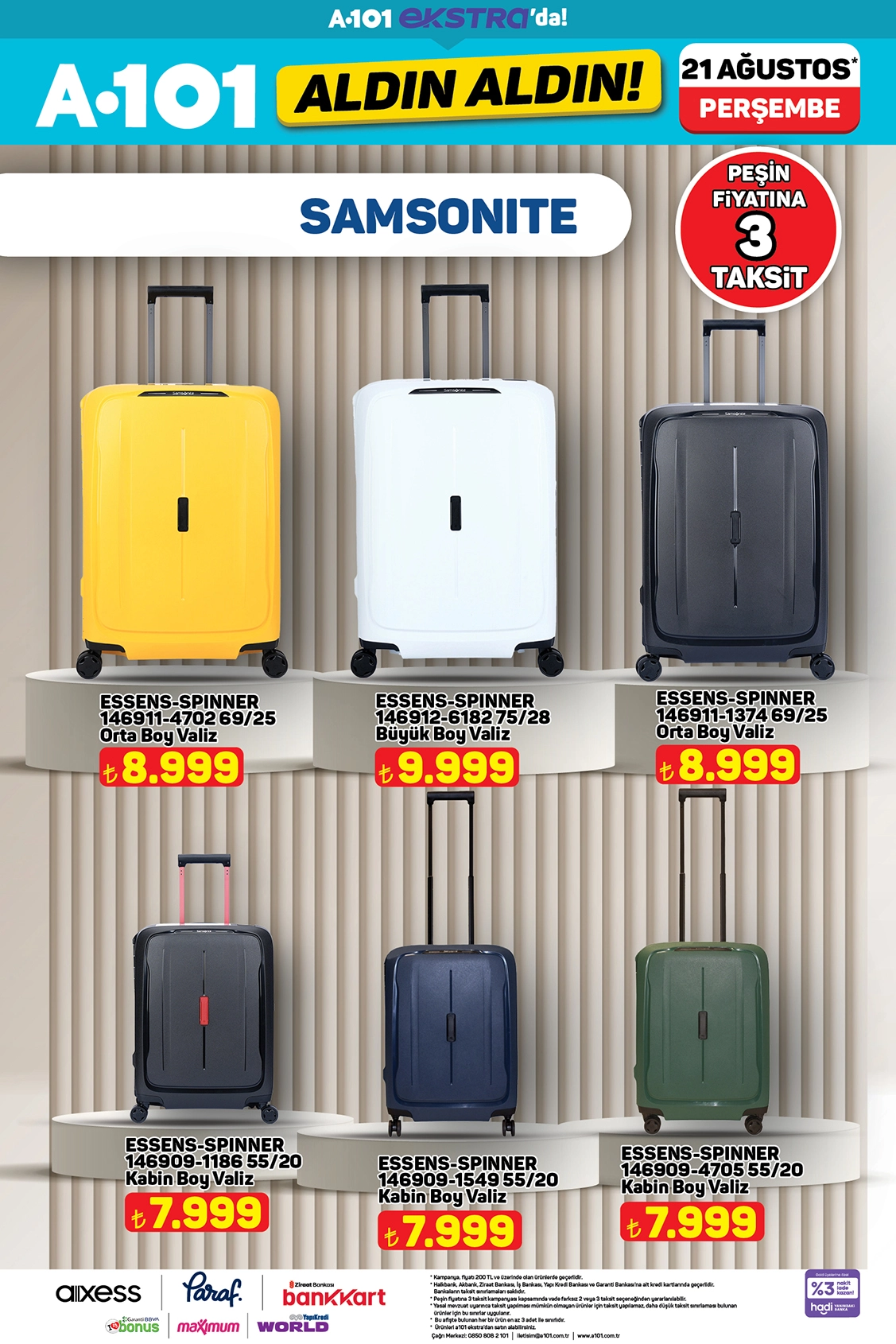 A101 aktüel katalogda Samsonite orta, büyük ve kabin boy valiz çeşitleri.