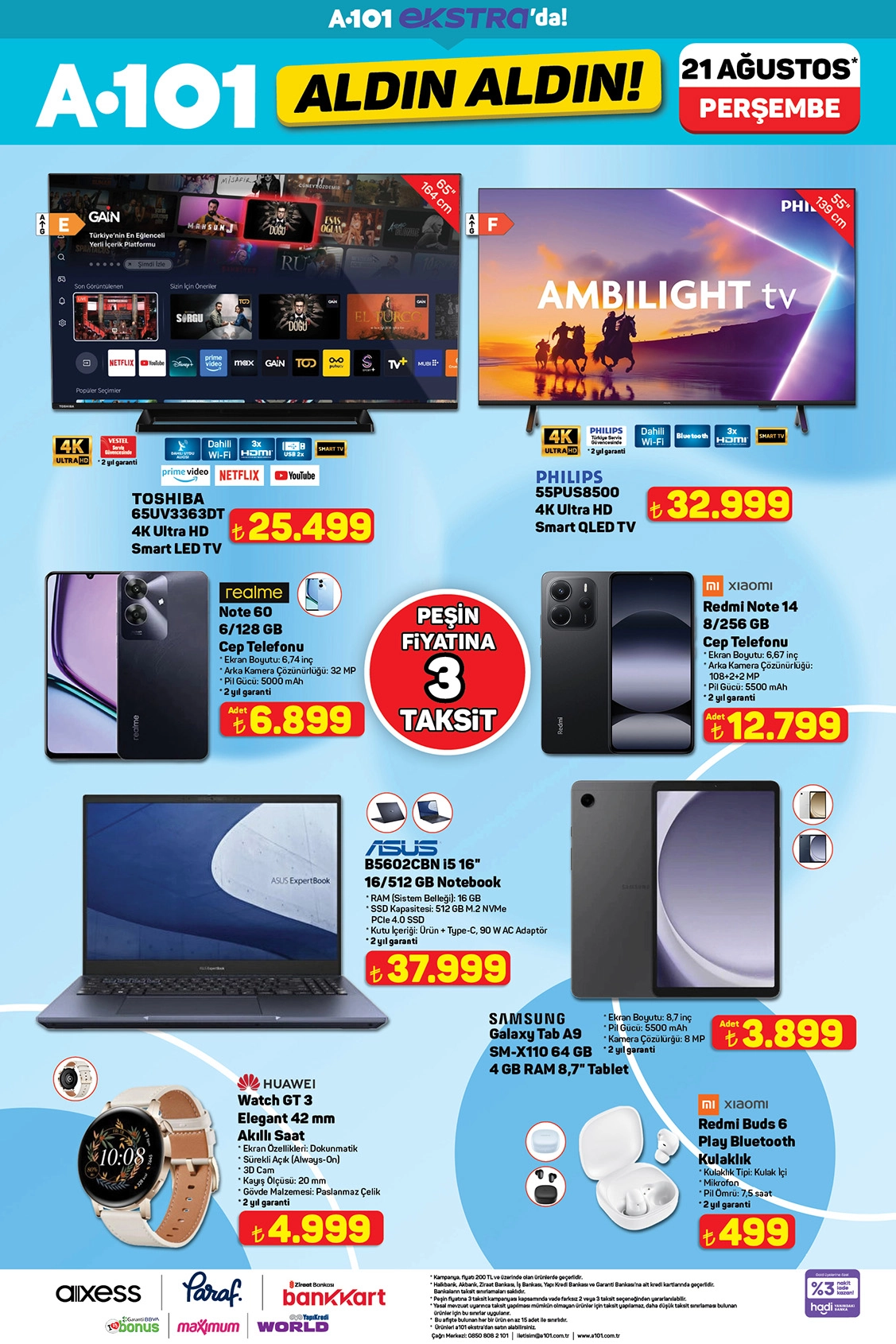 A101 aktüel katalogda televizyon, cep telefonu, tablet, laptop ve akıllı saat indirimleri.