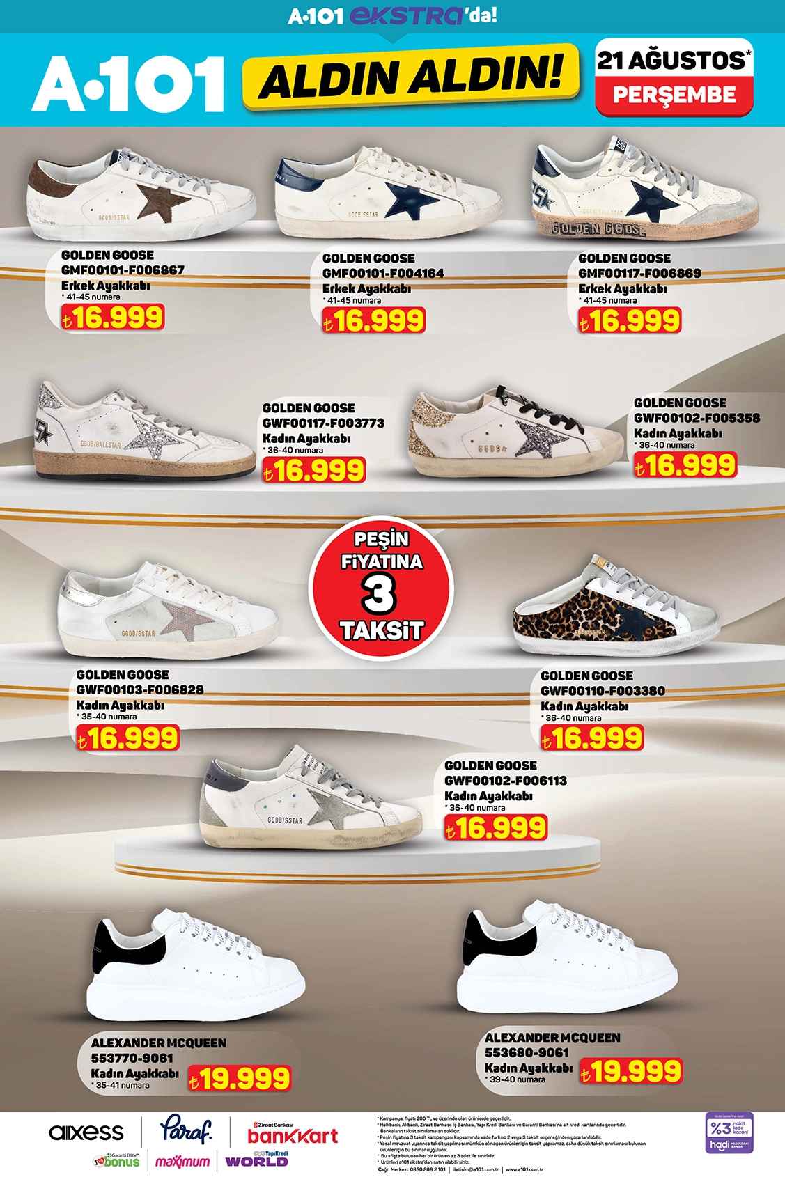 A101 aktüel katalogda Golden Goose ve Alexander McQueen ayakkabı fırsatları.