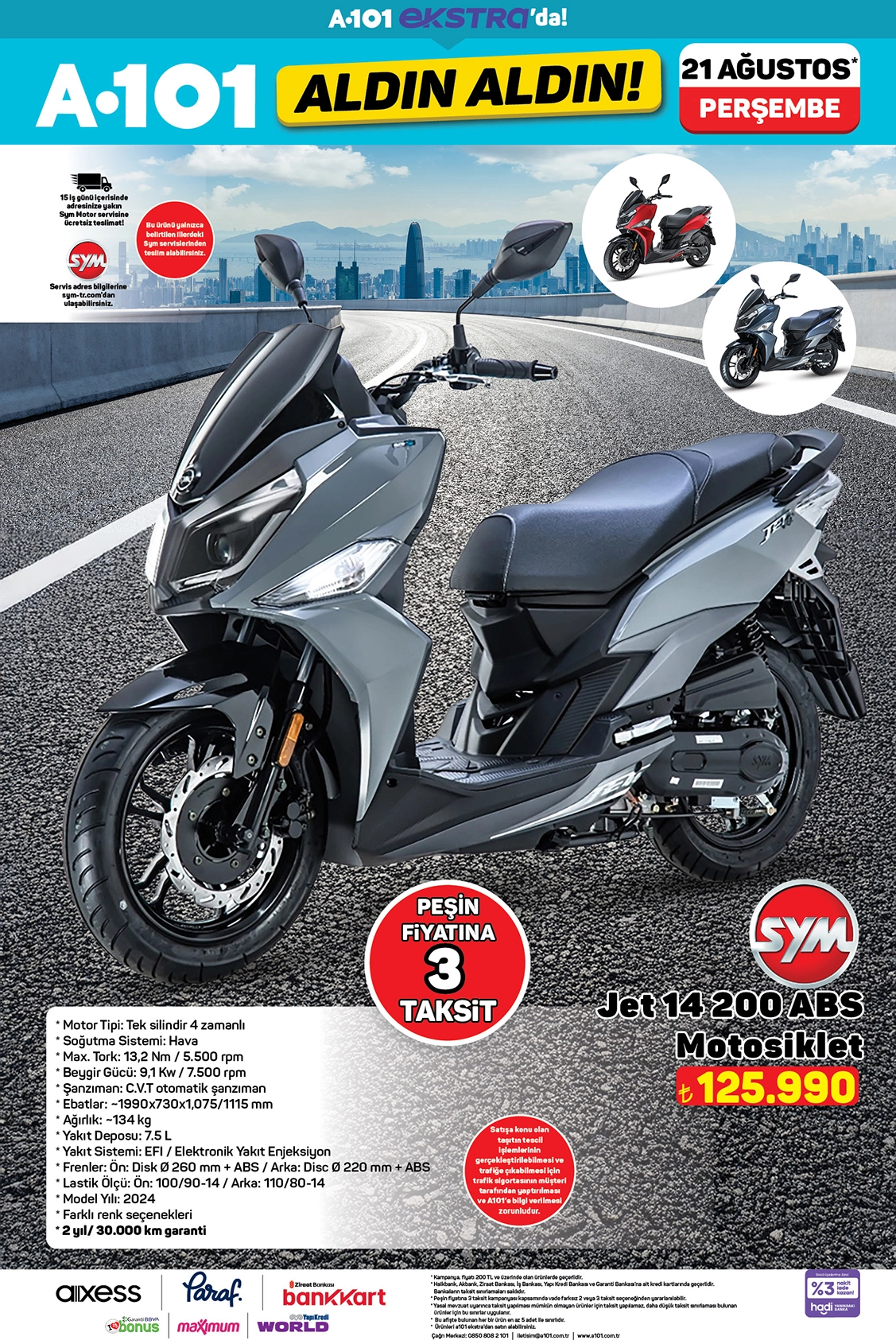 A101 aktüel katalogda SYM Jet 14 200 ABS motosiklet fırsatı.