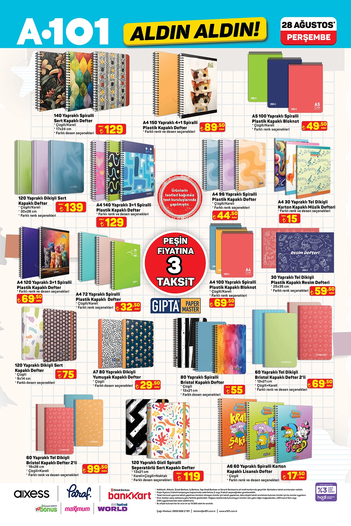 A101 GIPTA defter çeşitleri 