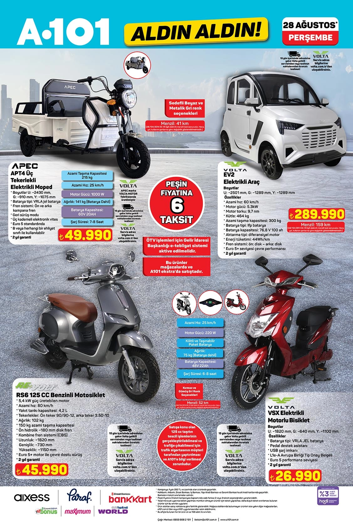 A101 aktüel kataloğunda elektrikli araçlar, motorlu bisikletler ve motosiklet modelleri 