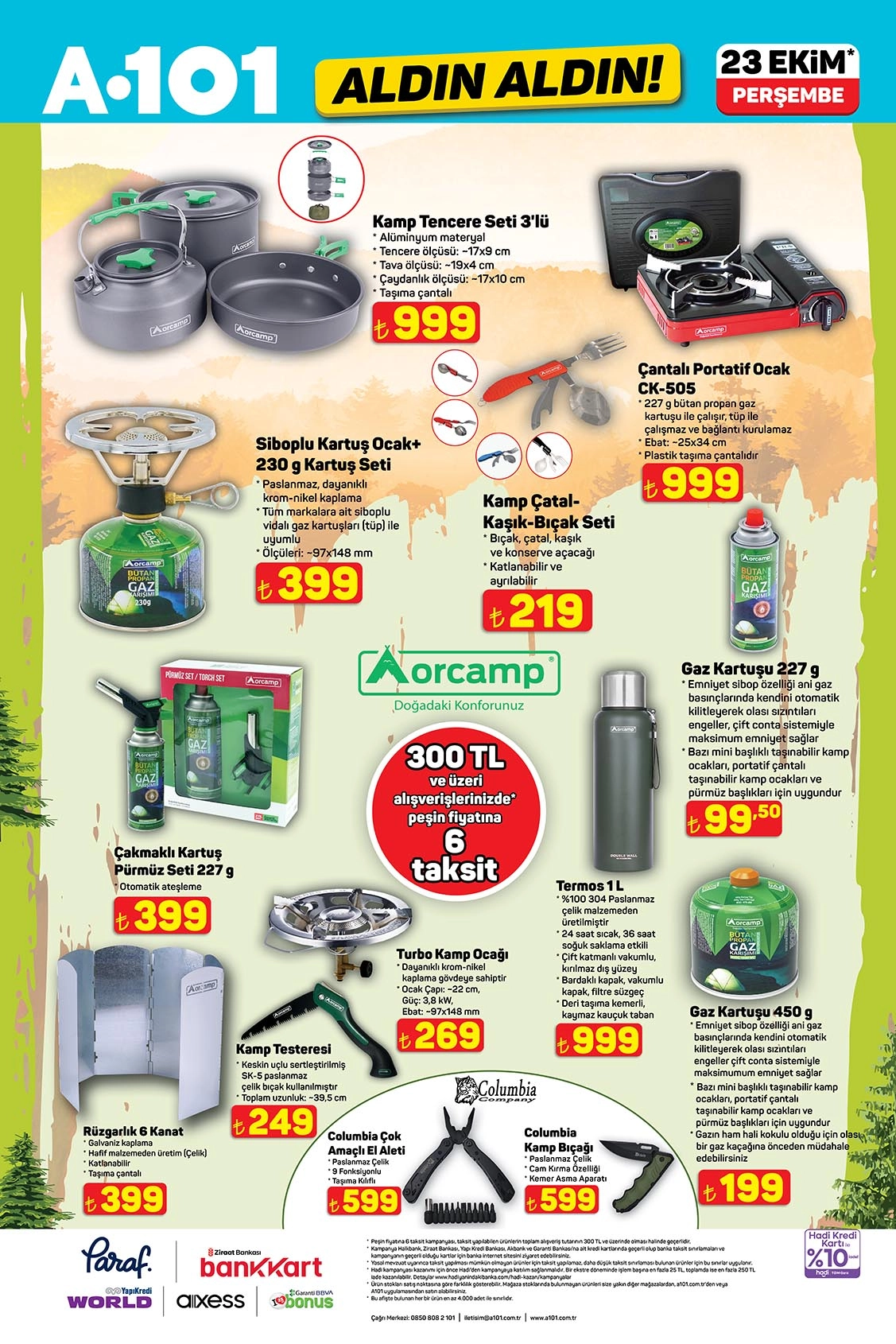A101 23 Ekim 2025 kamp ve outdoor ekipmanları kataloğu