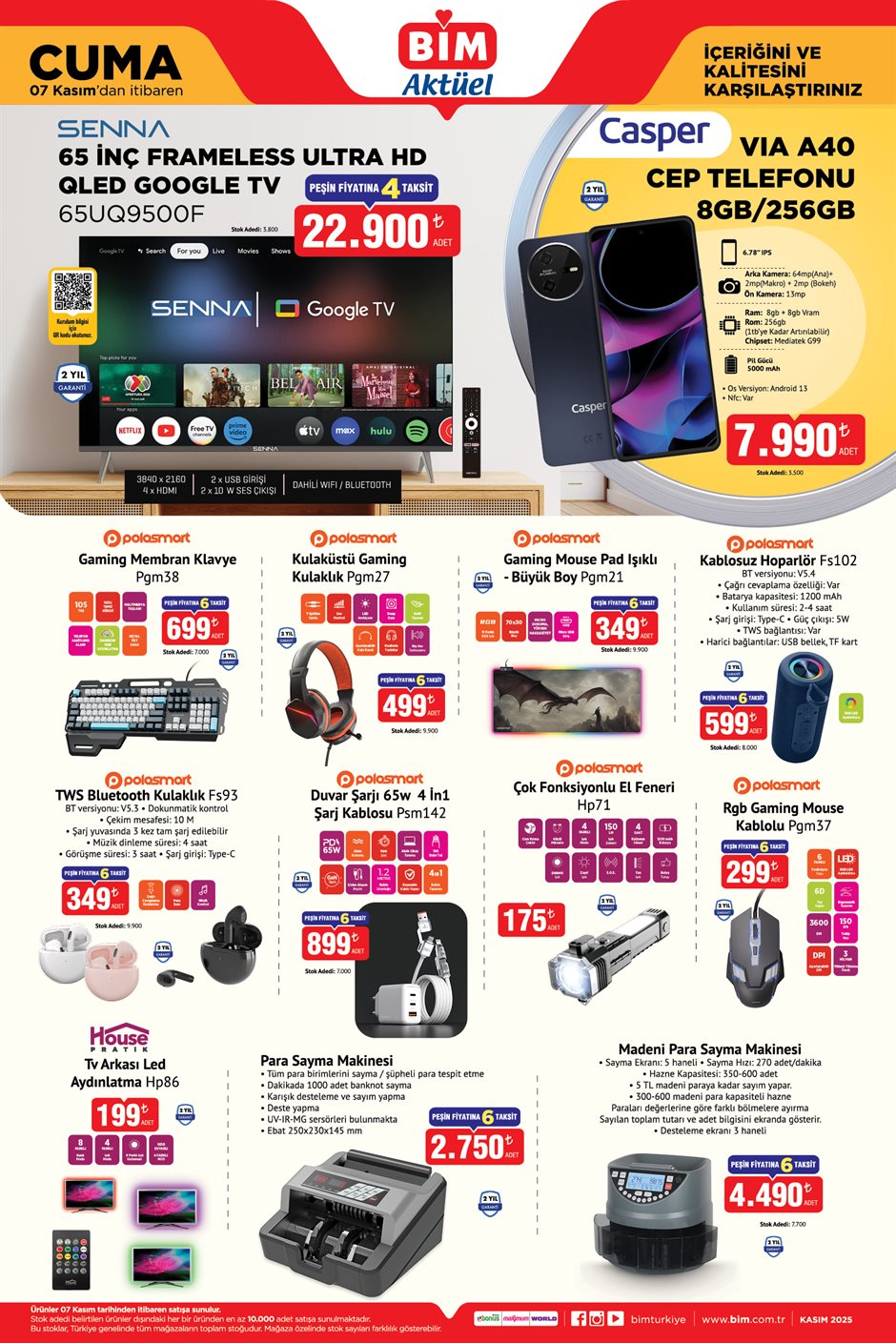 7 Kasım BİM elektronik televizyon telefon kulaklık