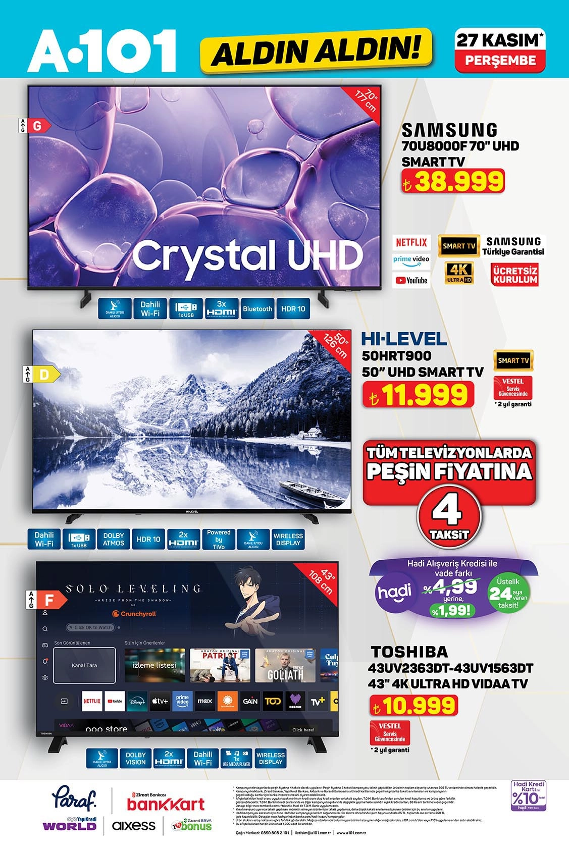 A101 27 Kasım televizyon ürünleri ve fiyatları.