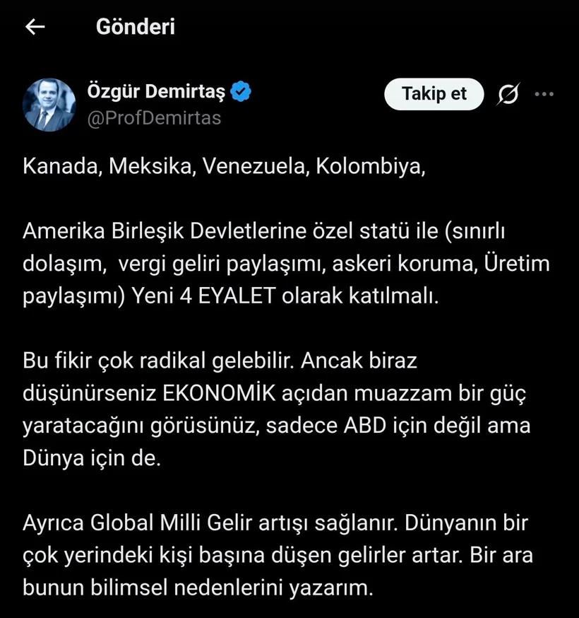 Özgür Demirtaş’ın ABD’ye bağlanma önerisi paylaşımı