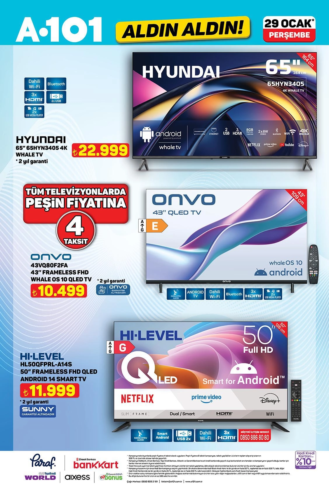 A101 29 Ocak 2026 Hyundai ve Onvo TV fiyatları