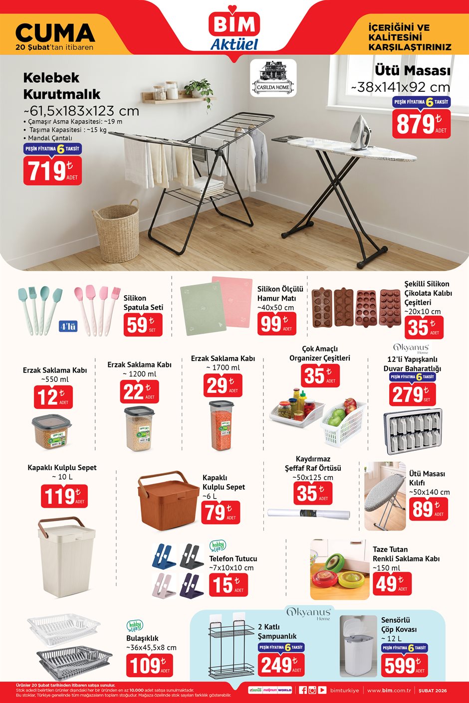 Bim aktüel katalog 20 şubat 2026 cuma kurutmalık, ütü masası