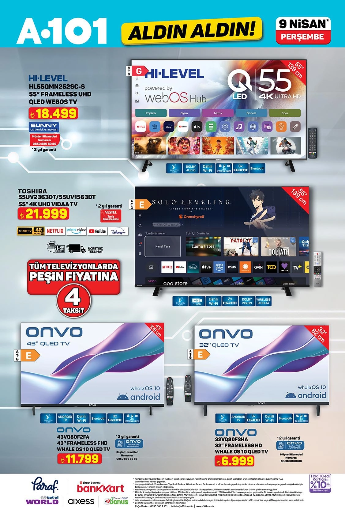 A101 9 Nisan 2025 kataloğu 1. sayfa – 55 inç QLED ve 4K UHD televizyonlar, 43 inç Frameless TV modelleri.