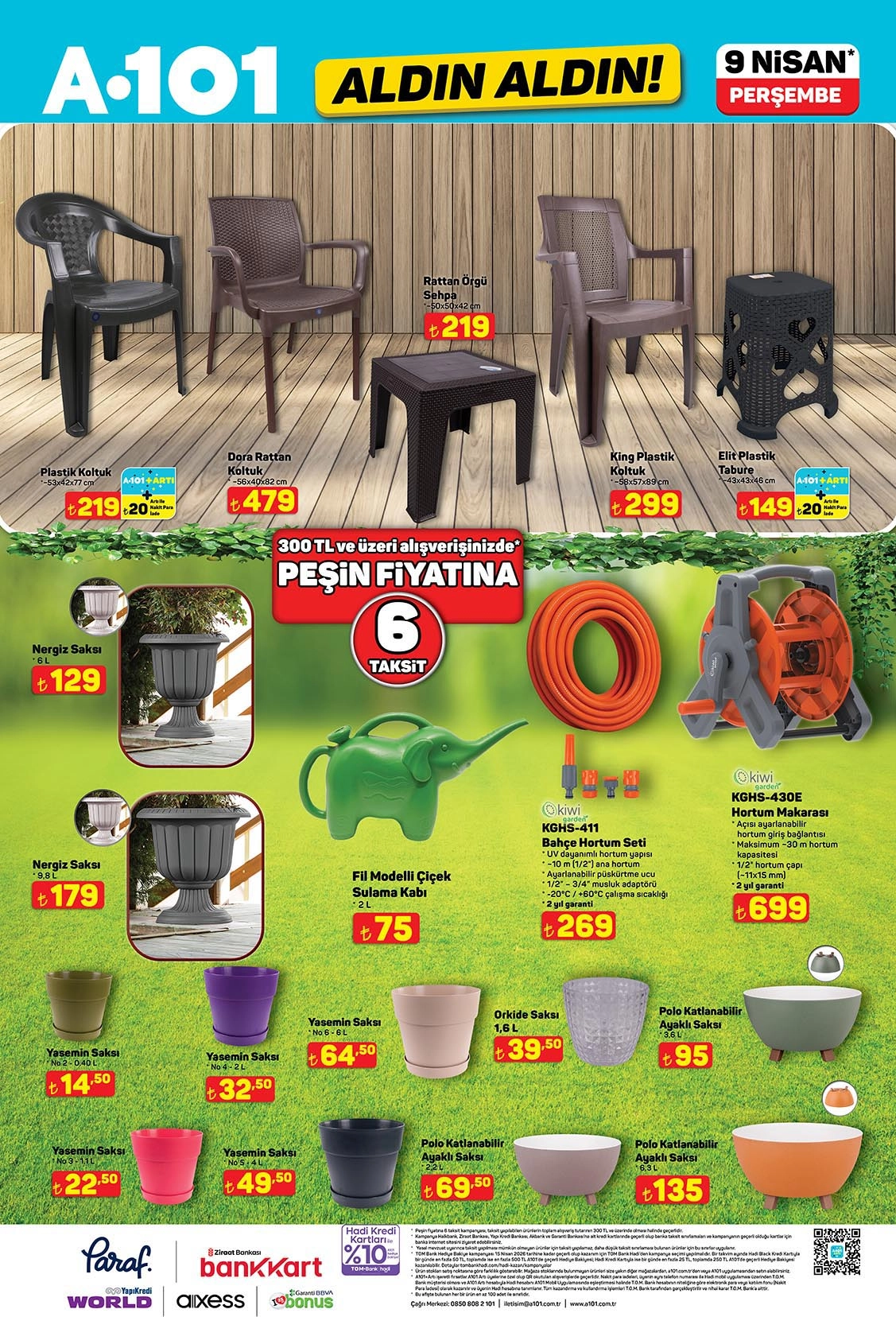 A101’de rattan sehpa ve koltuklar, plastik tabure, saksılar, bahçe hortum seti ve hortum makarası.