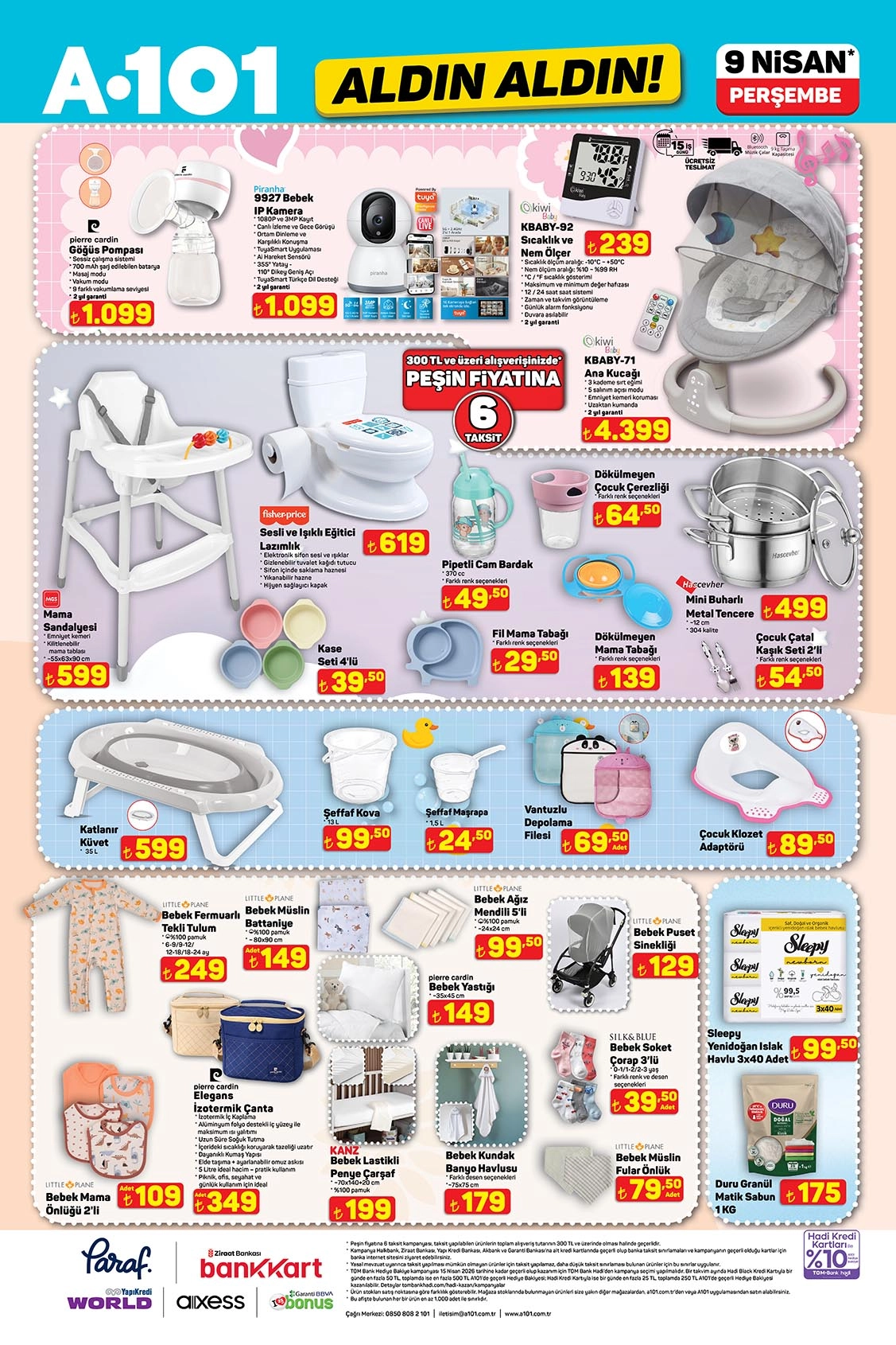 Piranha bebek IP kamera, göğüs pompası, ana kucağı, mama sandalyesi, lazımlık, bebek tekstili ve sleepy ıslak havlu.