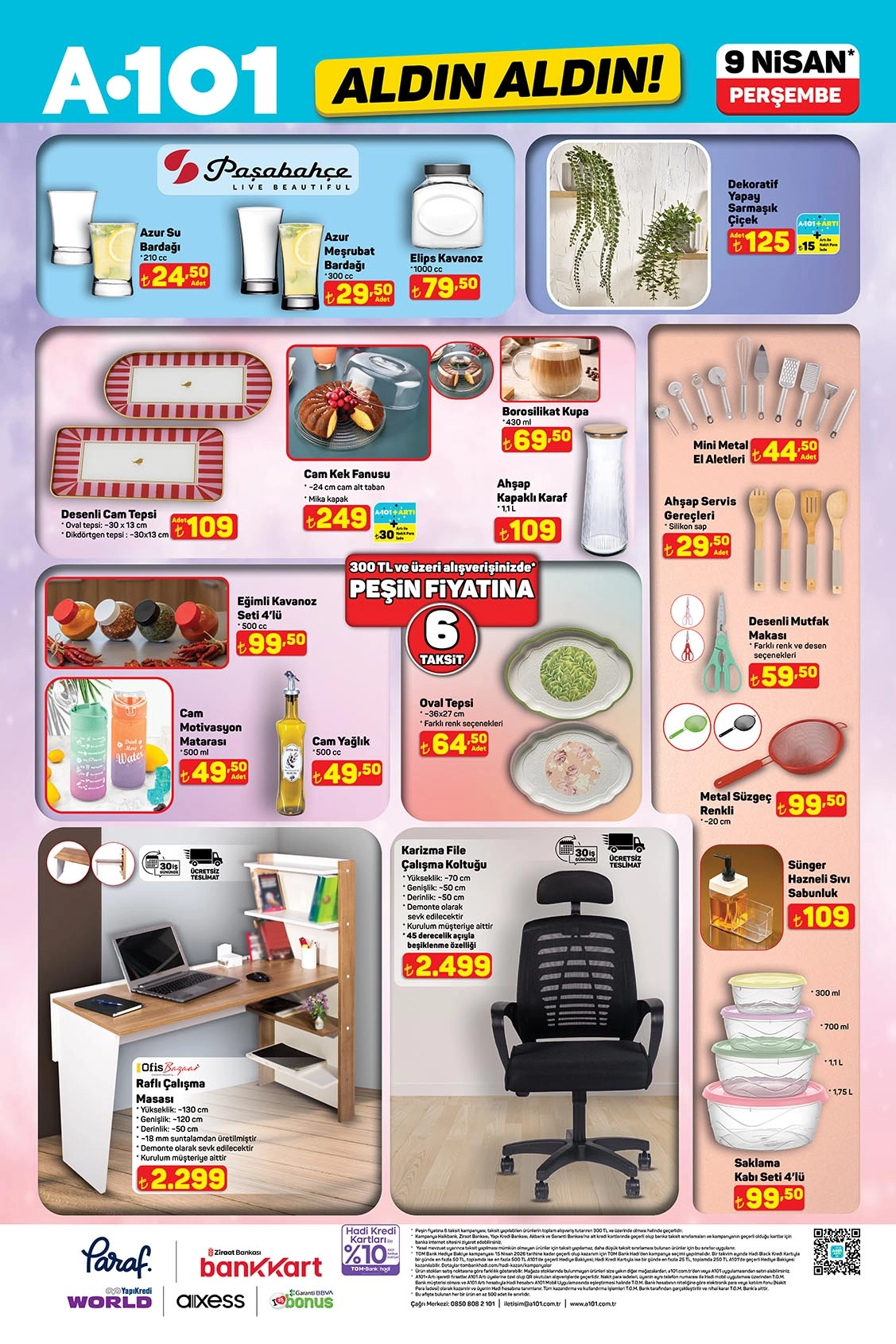 Azur cam bardak ve kavanoz setleri, borosilikat kupa, cam matara, karizma file çalışma koltuğu ve raflı çalışma masası.