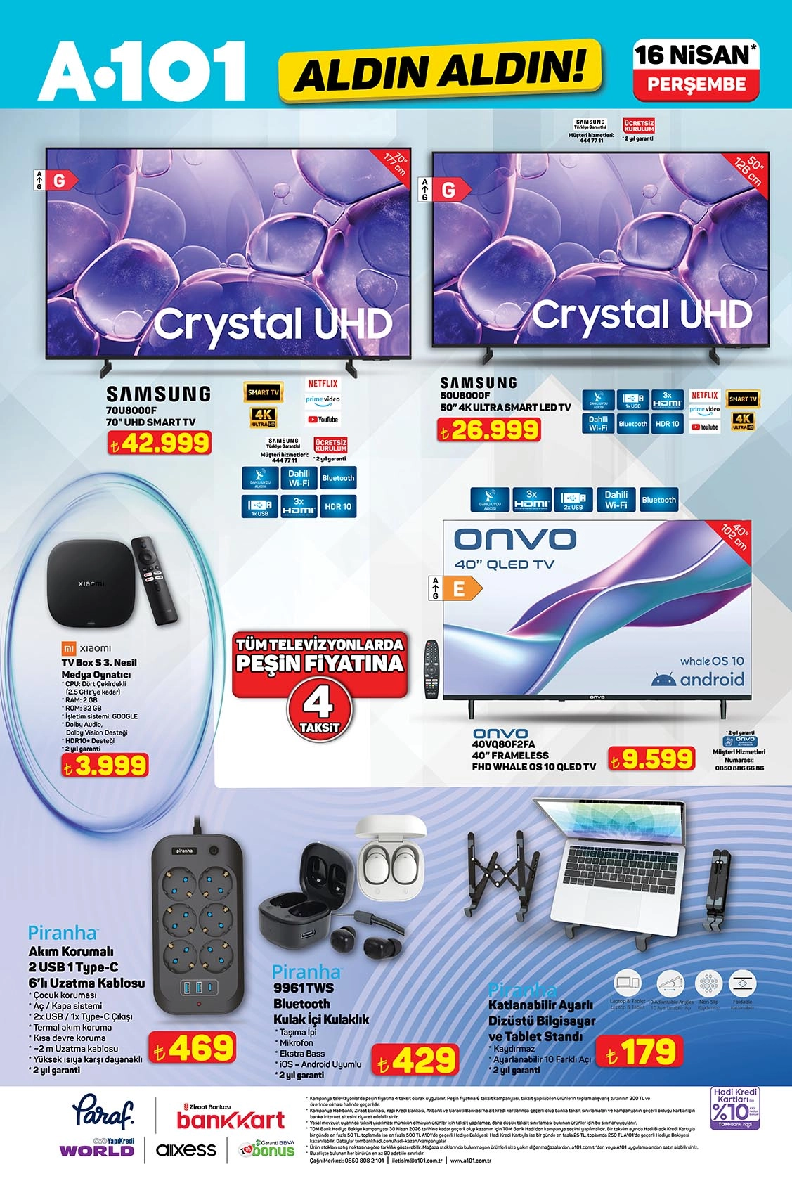 A101 16 Nisan 2026 kataloğunda Samsung 50 inç 4K TV ve Xiaomi TV Box fırsatları