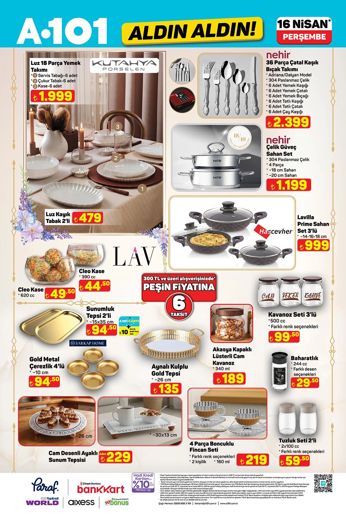 Luz 18 parça yemek takımı 1.999 TL ve gold tepsi A101 16 Nisan 2026